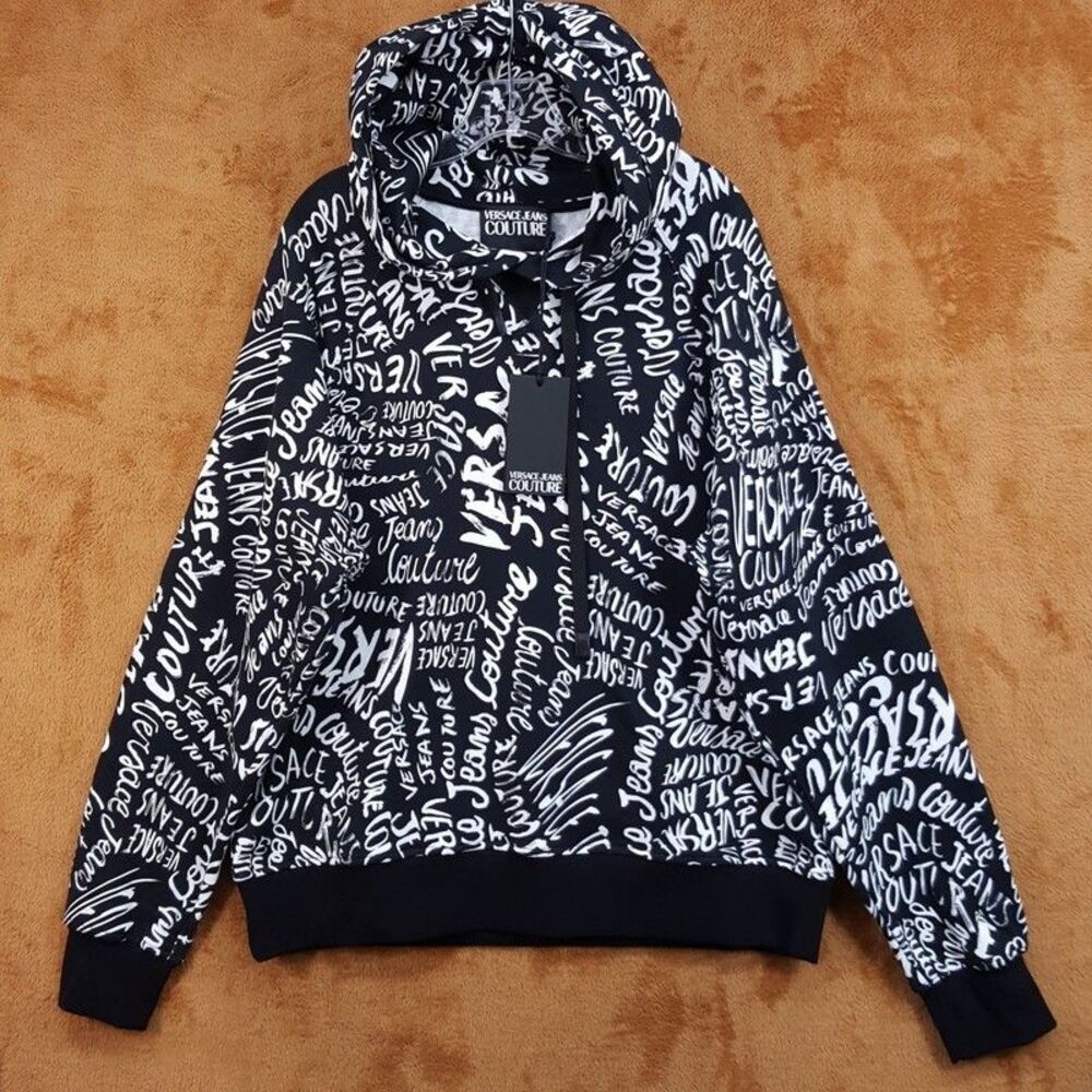 VERSACE JEANS COUTURE Hoodie Mens Large Black Logorama Graffiti Logo $450